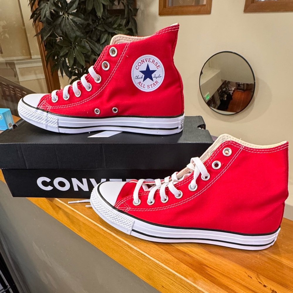 Converse Red High-Top Sneakers with Canvas Upper and White Rubber Sole W9.5 M7.5